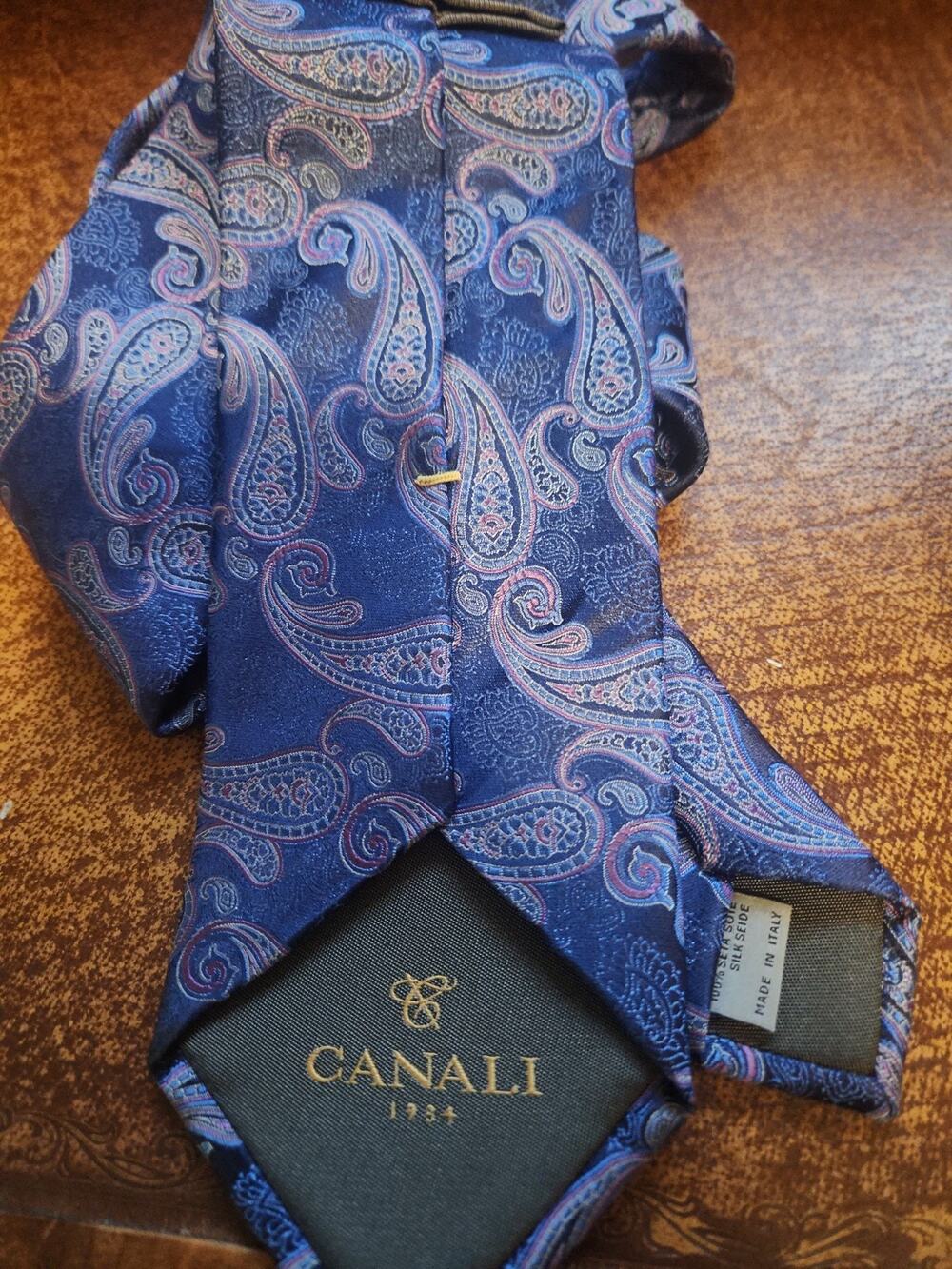 Men’s Canali Tie 100% Silk Made In Italy Blue Silver Paisley